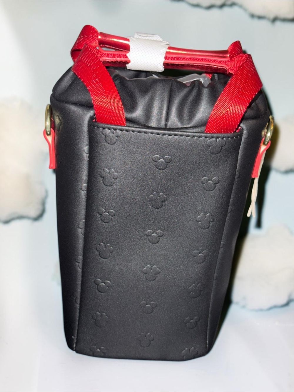 Loungefly Disney Minnie Mouse Metallic Red Embossed Water Bottle Crossbody Bag - Picture 2 of 6